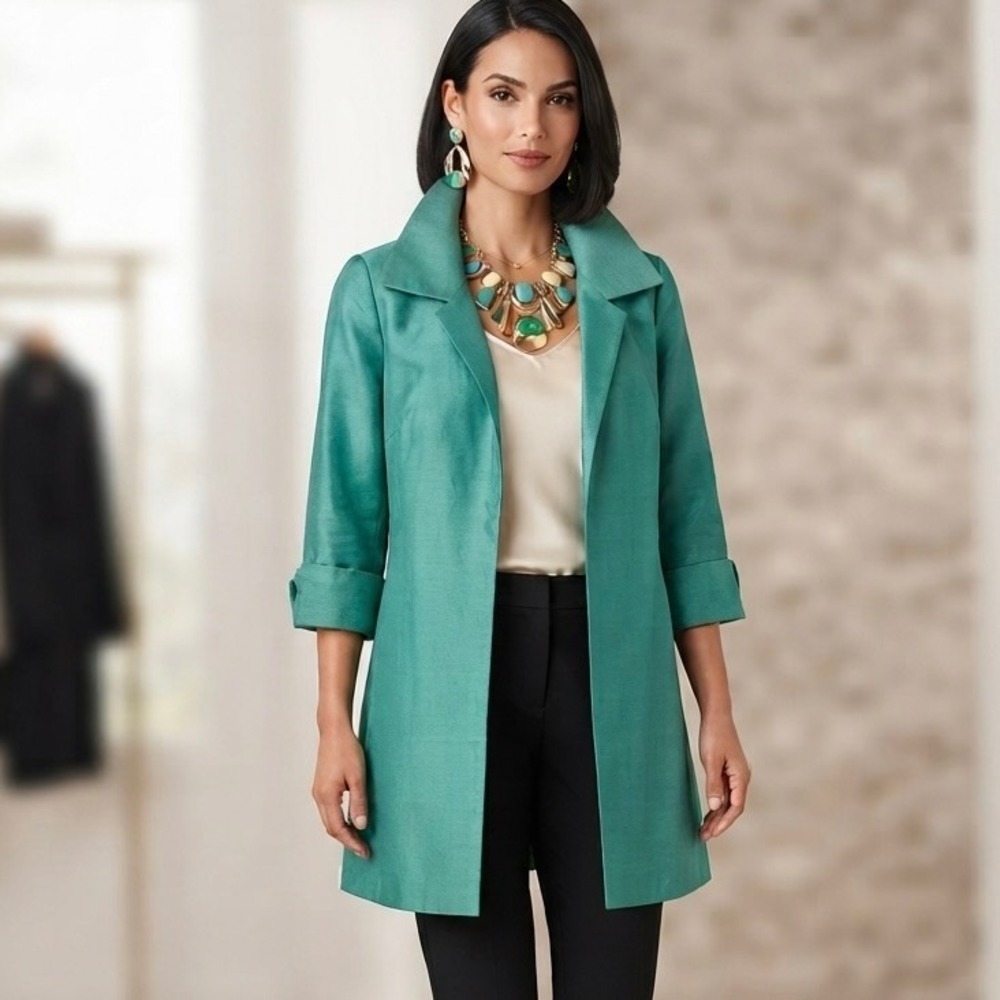 Chicos Teal Green Open Front Topper Jacket Textured 3/4 Sleeve Size 0 S